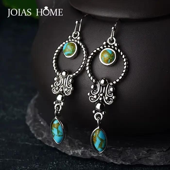 JoiasHome-Boucles d'Oreilles sulfTurquoise Incrustées pour Femme, Argent Sterling 925, Style Ethnique Thaïlandais, Cadeaux de Mariage Vintage