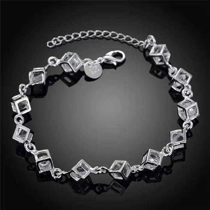 Bracelet plaqué argent pour femmes et hommes, amoureux unisexe, couleur argent, bijoux, chaîne à main, ornements, Cube de haute qualité incrusté de Zircon