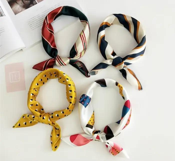 50x50 carré écharpe cheveux cravate bande pour fête d'affaires femmes élégant petit Vintage maigre rétro tête cou soie Satin écharpe présent
