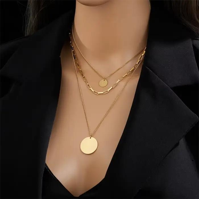 DIEYURO 316L acier inoxydable couleur or 3in1 pendentif rond collier pour femmes mode filles multicouche chaîne cou bijoux cadeau