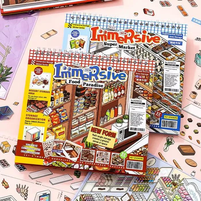 Livre d'autocollants 3D miniature sur le thème du paradis gastronomique, avec illustrations exquises et rangement immersif