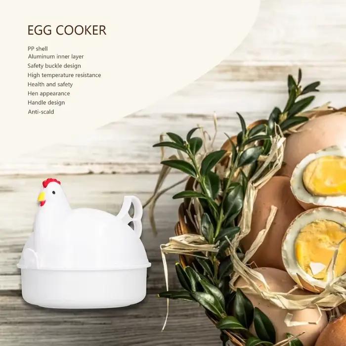 Cuiseur à œufs micro-ondes en forme de poulet, peut cuire 4 œufs, coque en plastique dur, matériau en alliage d'aluminium, peut cuire des œufs doux ou ferme.