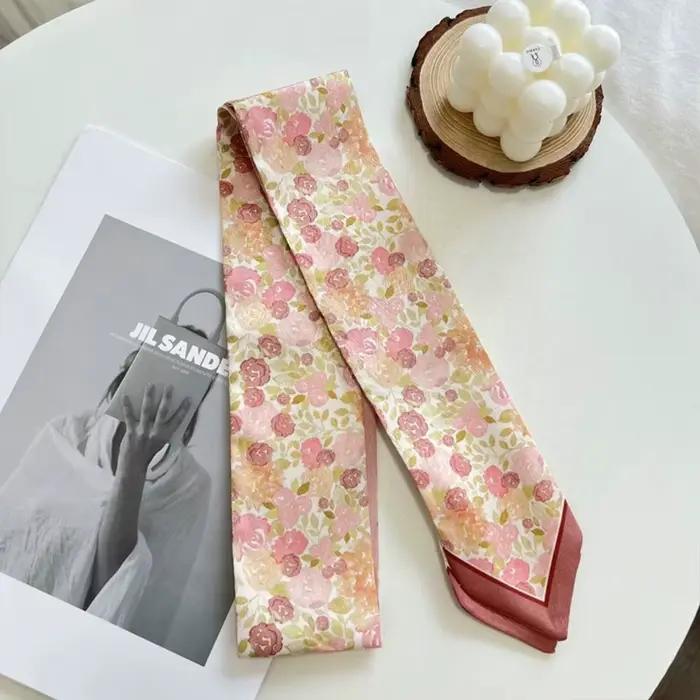 Écharpe en ruban de soie satiné polyvalente, tendance, longue, fine, étroite, cravate pour cheveux, accessoire de mode florale fraîche pour femmes