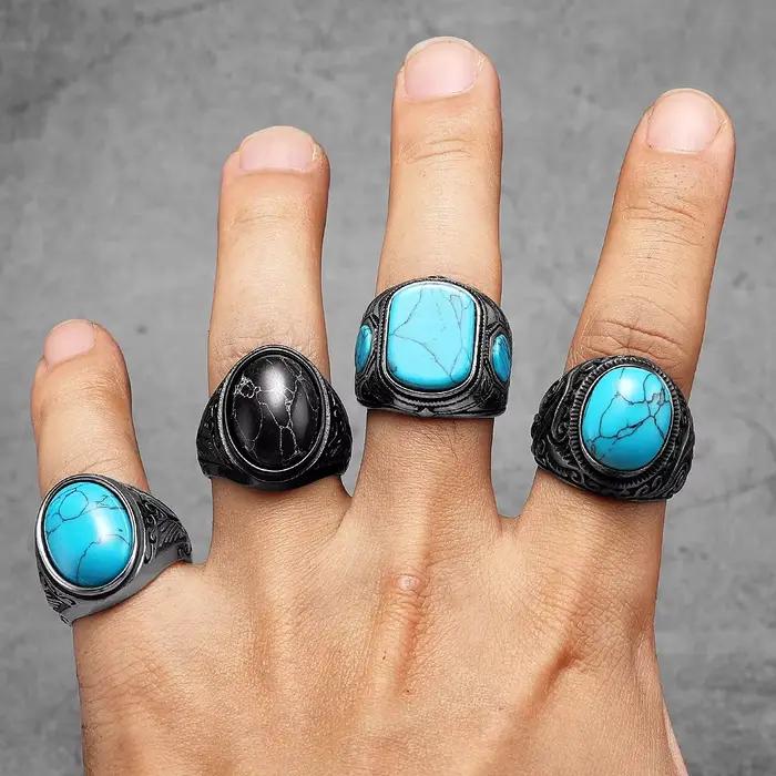Bagues Vintage en acier inoxydable pour hommes et femmes, sculptées en Turquoise noir, Punk Rock, accessoires de bijoux de luxe à la mode, cadeau, vente en gros