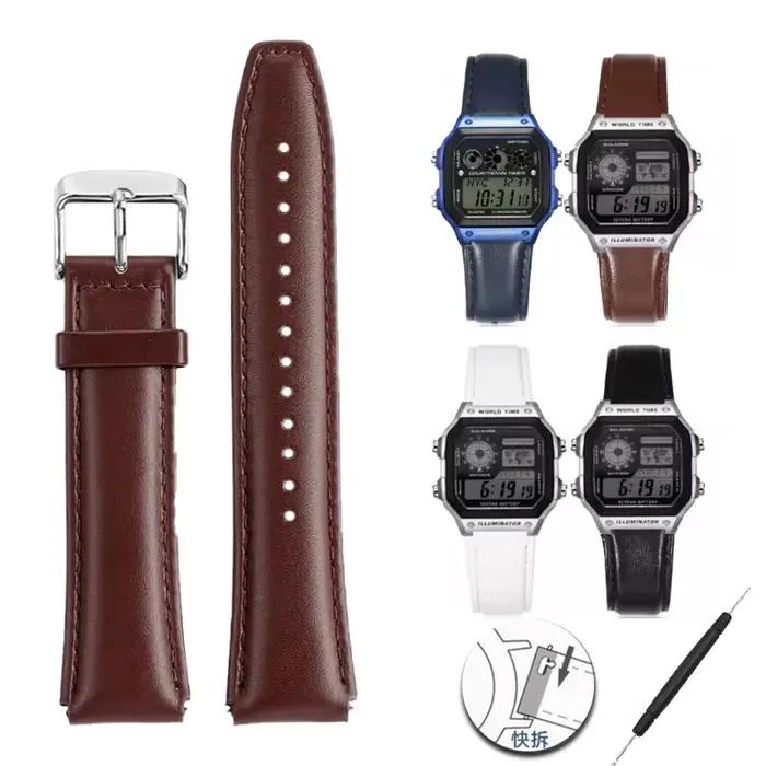 Pour Casio rétro petit carré A159W-N1 A158WA A168 A159 AE1200 AQ230 700 bracelet de montre en cuir véritable convexe 18mm bracelet intelligent