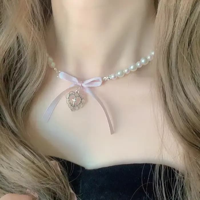 Kpop Goth – collier ras du cou avec nœud en ruban rose