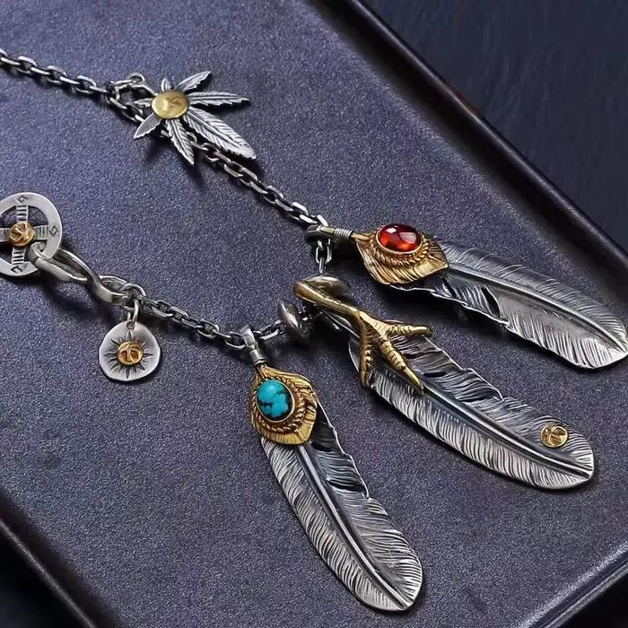 Collier chaîne rétro avec pendentif plume turquoise, pour hommes et femmes, longue chaîne de pull vintage, bijoux de mode