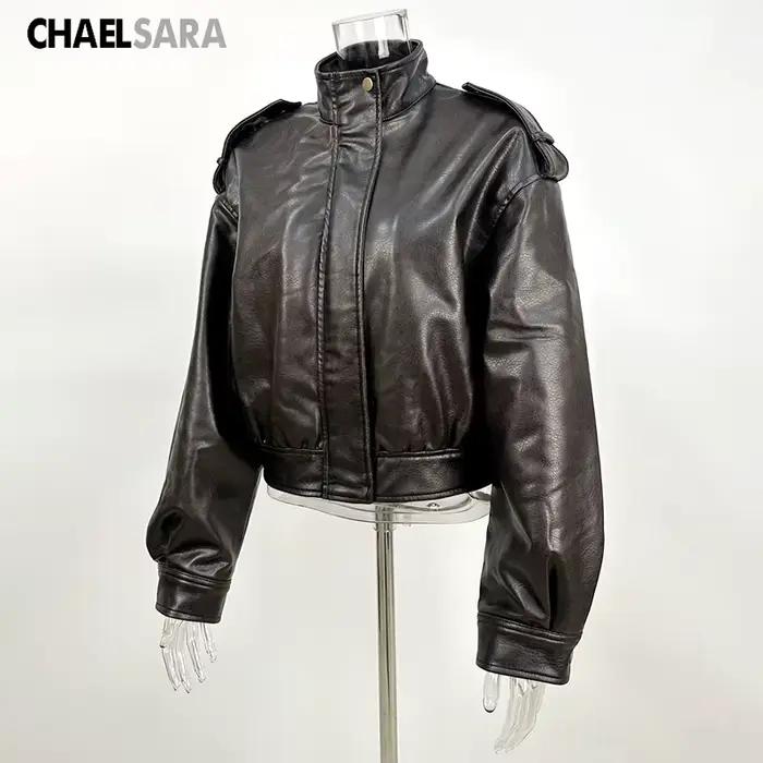 Nouvelle veste en similicuir pour femme 2026 – Tendance printemps-automne, col montant, manches longues, veste courte en PU
