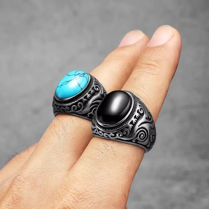 Bagues Vintage en acier inoxydable pour hommes et femmes, sculptées en Turquoise noir, Punk Rock, accessoires de bijoux de luxe à la mode, cadeau, vente en gros