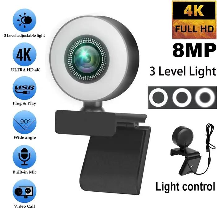 Webcam 4K 2K 1080P avec contrôle de la lumière, Full HD 8MP, pour PC portable, mise au point automatique, diffusion en direct, flexible avec microphone, diffusion en direct