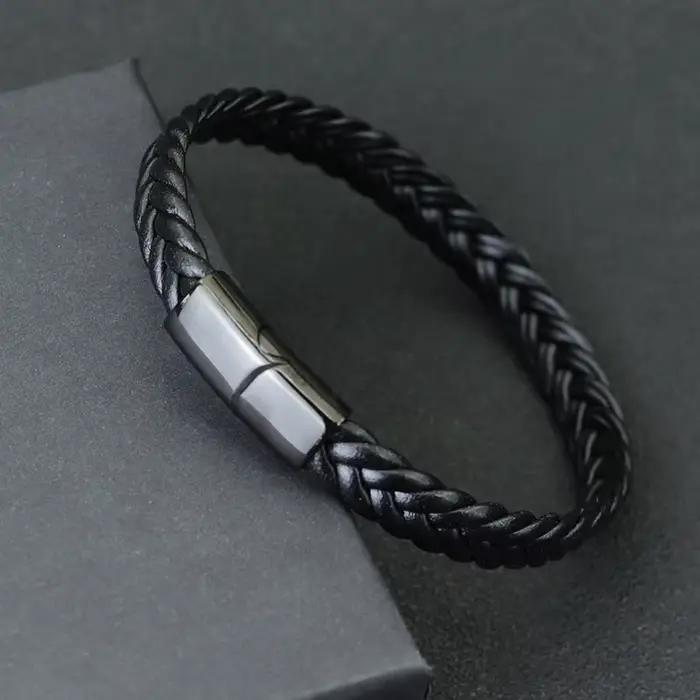 Bracelet en acier inoxydable pour hommes, tressé à la main, en cuir, cadeau pour petit ami, accessoires masculins, bijoux Punk, Pulseras Mujer Joias