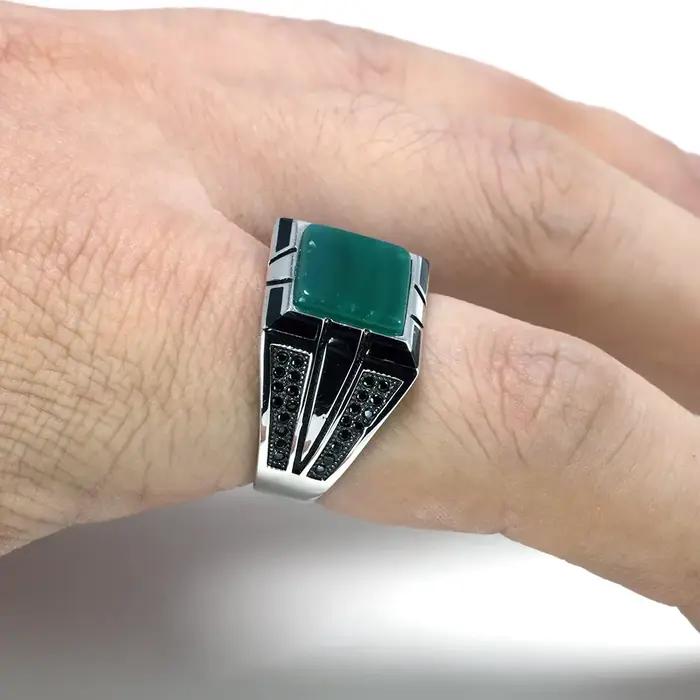 Bagues vintage en argent 925 pour hommes, bague en agate, matiques de couleur de charbon, bague de bijoux turcs, rétro cool, grand, garanti