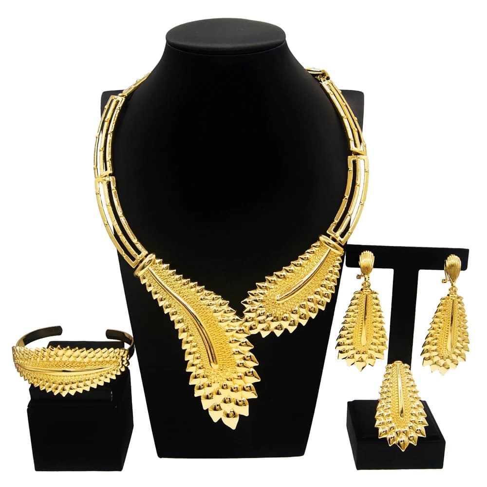 Ensemble de bijoux plaqué or de Dubaï pour femme, collier, bracelet, boucles d'oreilles, fête, SYBat