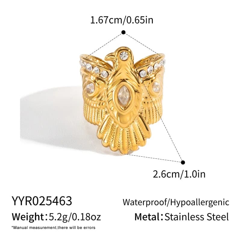 Bague Ouverte Aigle Couleur Or Miia avec Zircon Blanc, Bijou Fantaisie Personnalisé Style Punk, Acce