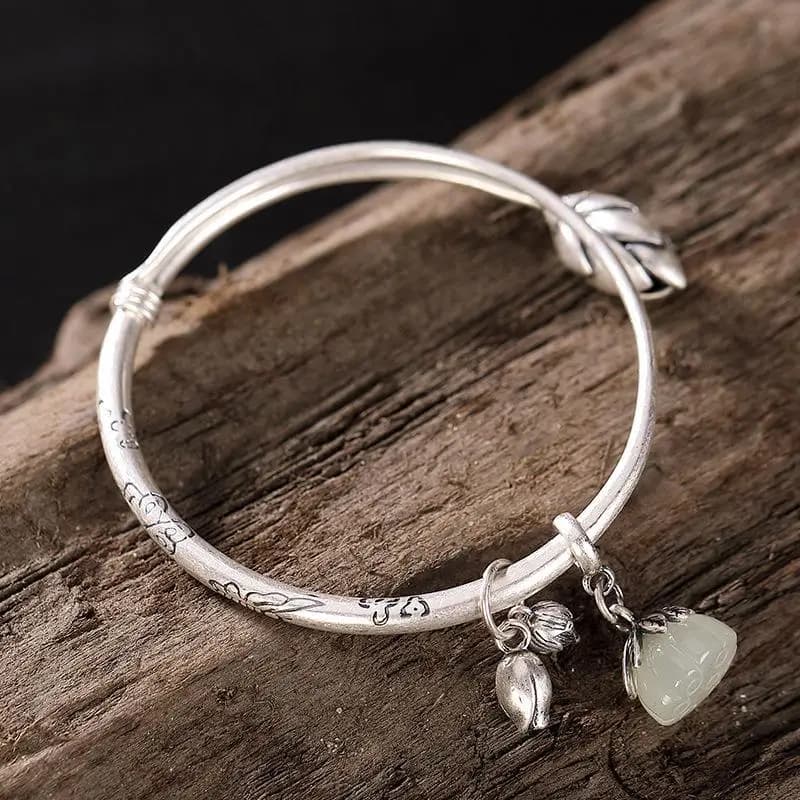 Bracelet en argent incrusté de calcédoine Hotan naturelle, fleur de lotus, classique chinois, élégan
