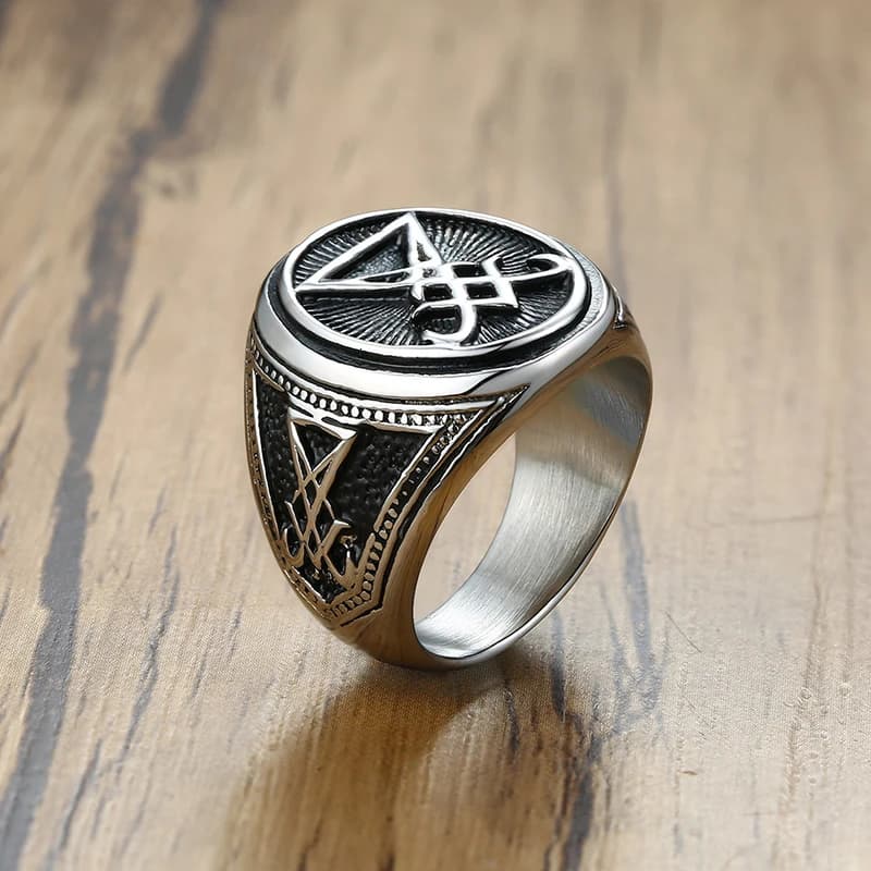 Bague chevalière Vintage couleur argent, Sigil de Lucifer pour hommes, sceau de Satan, bijoux mascul