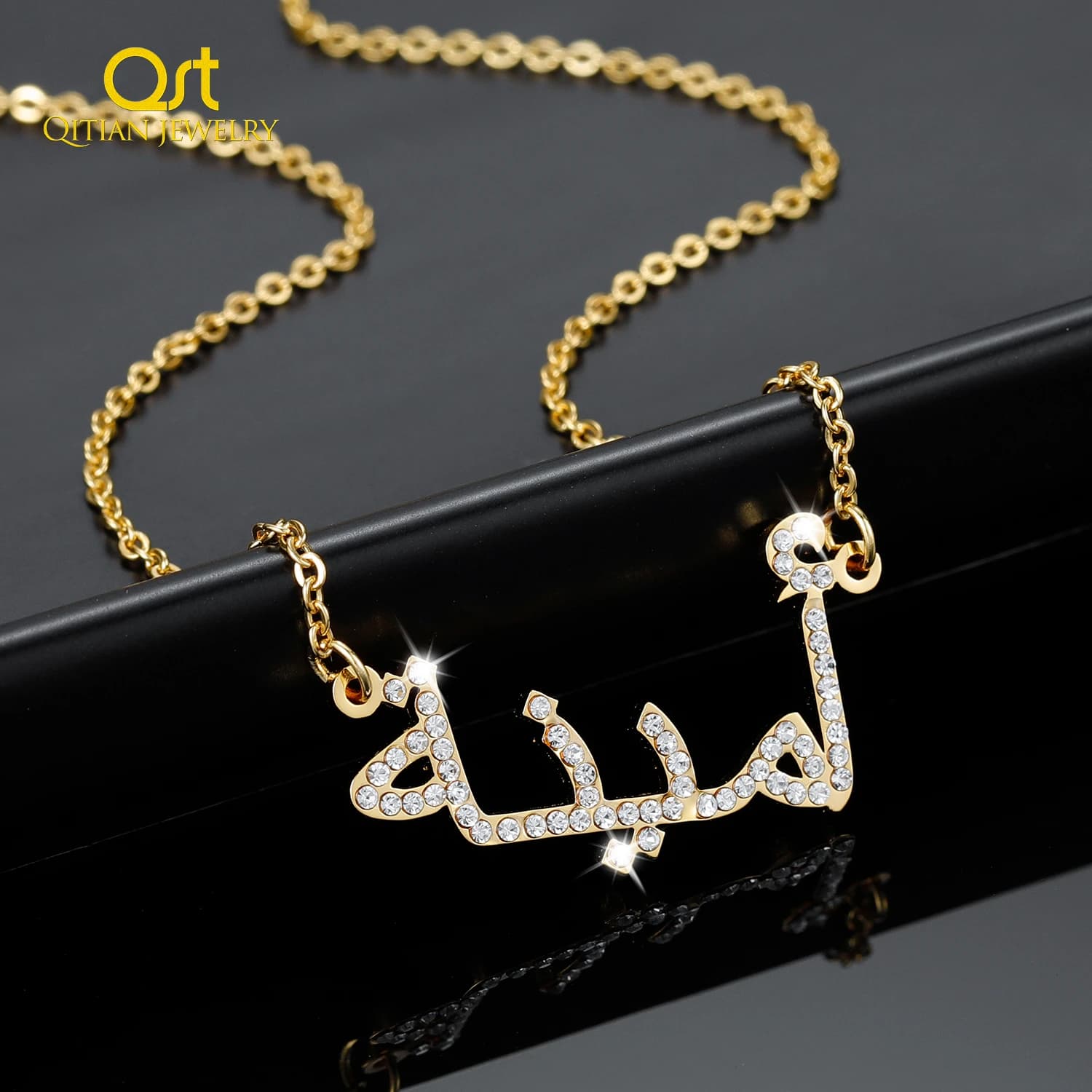 Collier avec nom arabe personnalisé, pendentif arabe en cristal en acier inoxydable, noms glacés, bi