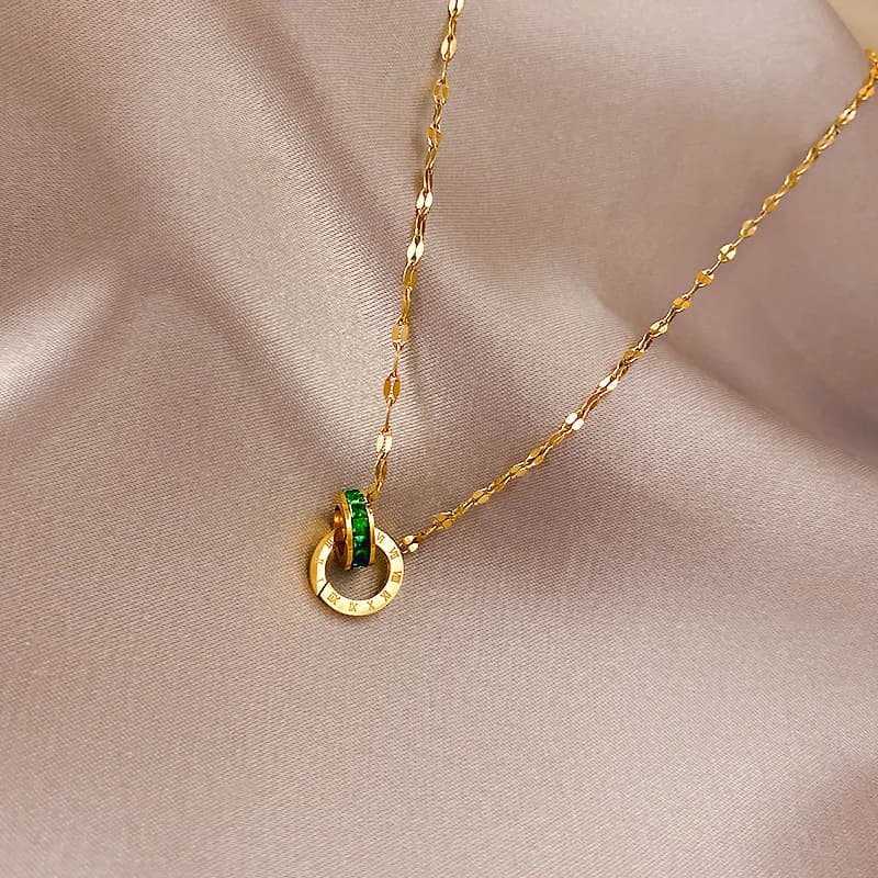 Double bague avec diamants verts pour femme, pendentif en or jaune 18 carats, colliers de la préside