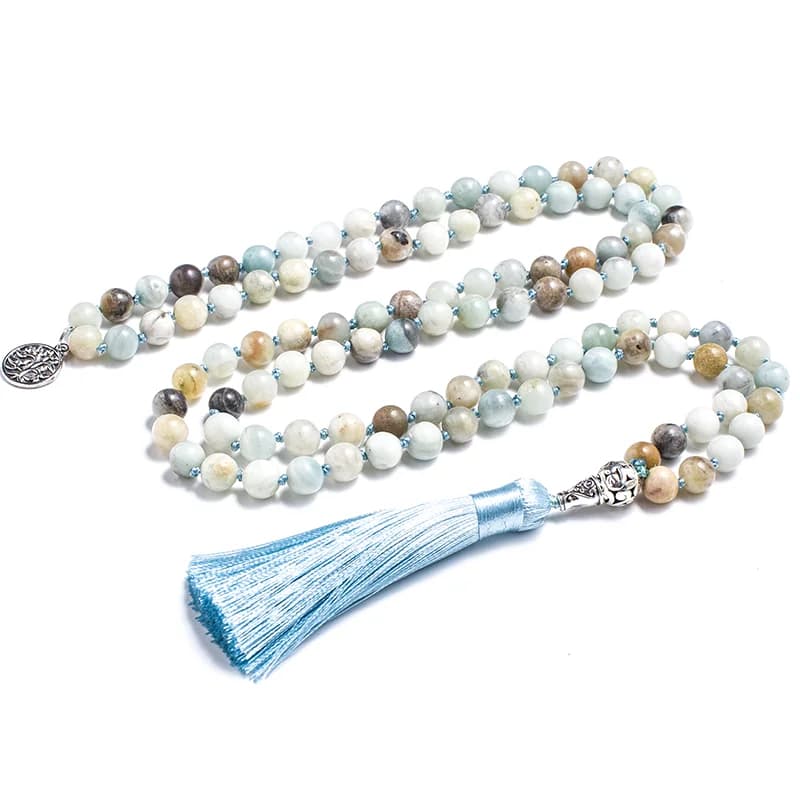 Collier Japamala en Amazonite Naturelle 8mm, Ensemble de Bijoux de Méditation et de Yoga, 108 Perles