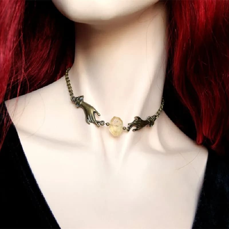 Sorcière chaîne tour de cou mains collier bijoux magique Bronze mains jaune Druzy Citrine pierre mod
