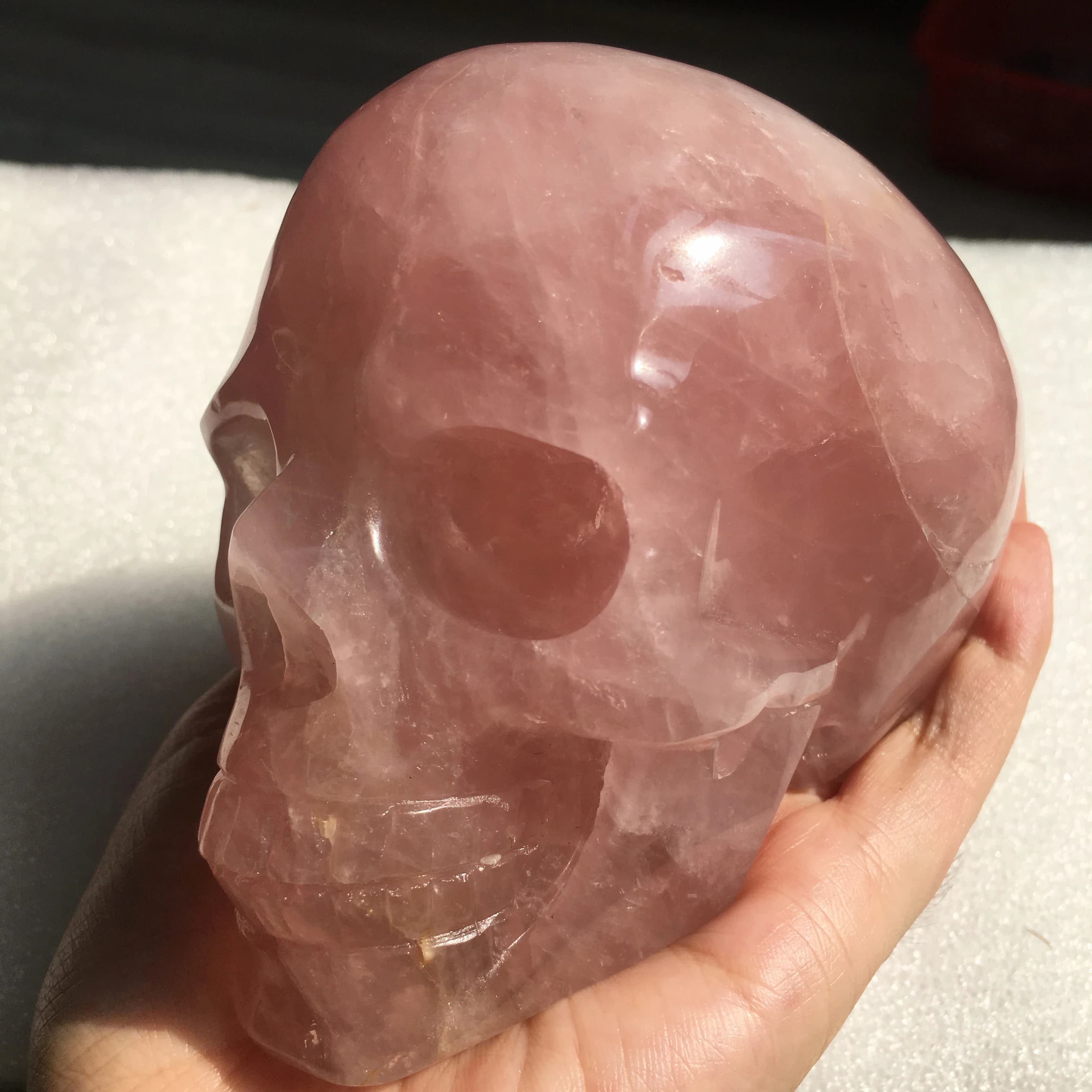 Crâne sculpté à la main en cristal de Quartz Rose naturel, sculpture de crânes de guérison Reiki pou