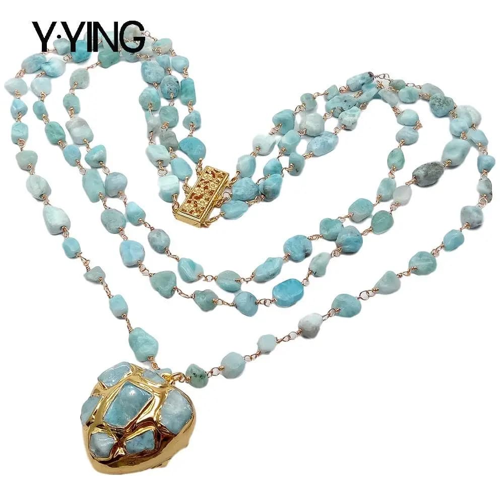 Y · YING – collier chapelet Larimar bleu naturel à 3 brins 18 '', pendentif en forme de cœur pour fe