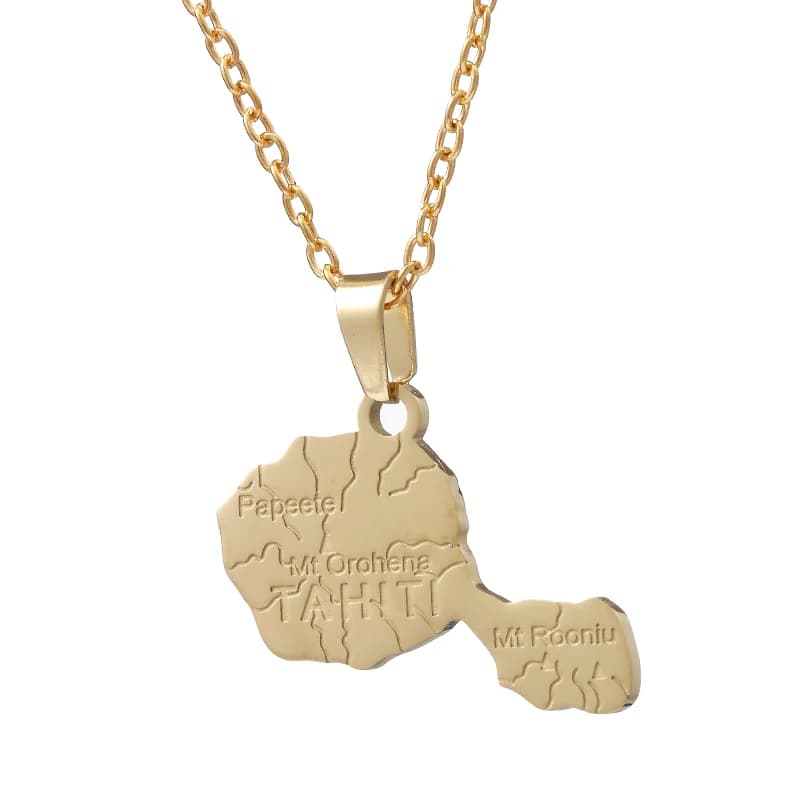 Collier en Acier Inoxydable pour Homme et Femme, Pendentif Carte France Tahiti Papeete Mt Orohena Mt