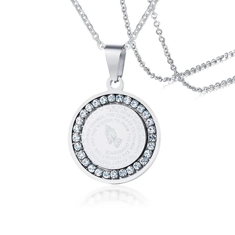 Pendentif médaille pièce à main pour hommes et femmes, verset de la Bible, prière, collier en acier 