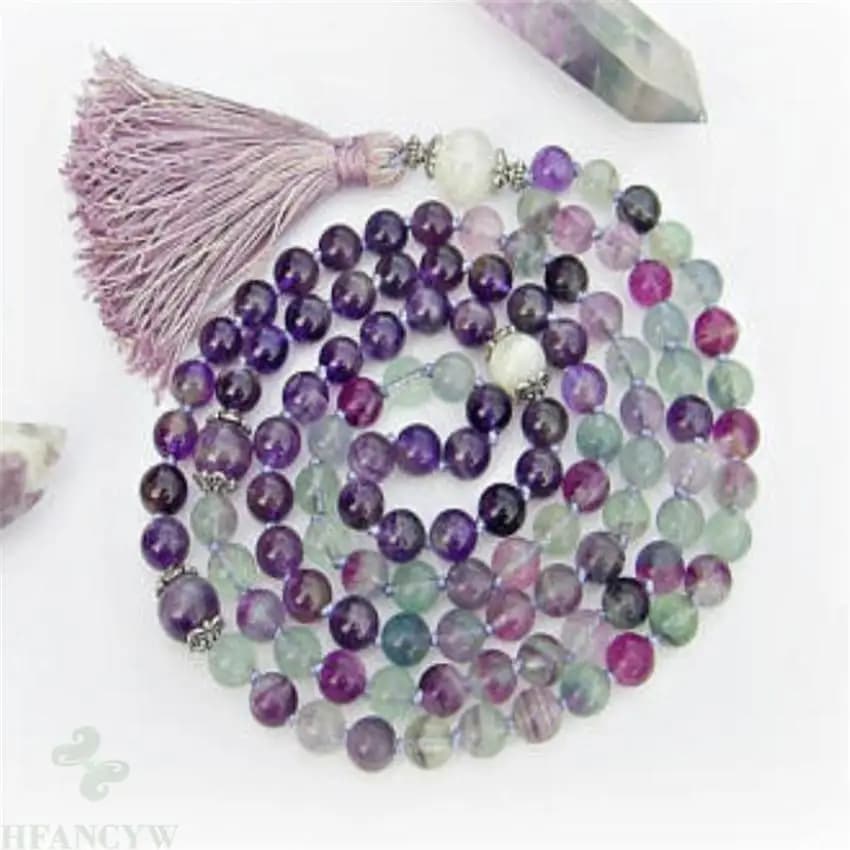 Collier Mala en fluorite améthyste et pierre de lune, 8mm, 108 perles, Reiki, yoga, méditation, vein