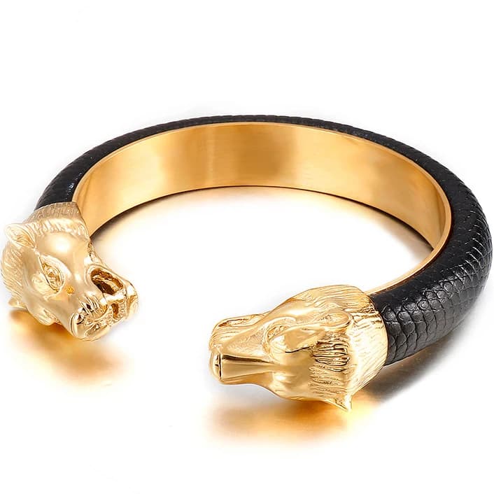 Bracelets ouverts en acier inoxydable couleur or avec tête de lion pour hommes, bracelets en cuir él