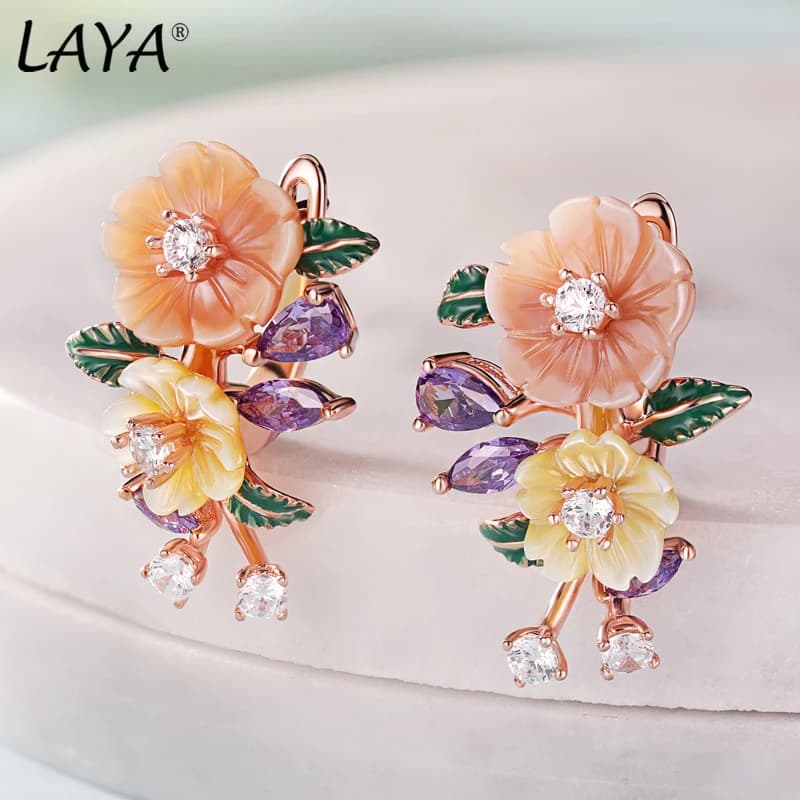 Laya boucles d'oreilles pour femmes haute qualité Zircon coquille naturelle fleur feuille verte émai