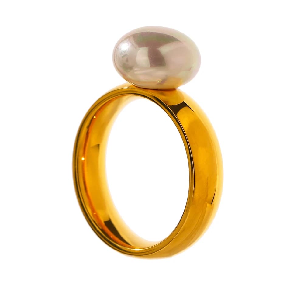 Yhpup élégant coquille perle bague mode or acier inoxydable métal Texture 18 K plaqué géométrique ch