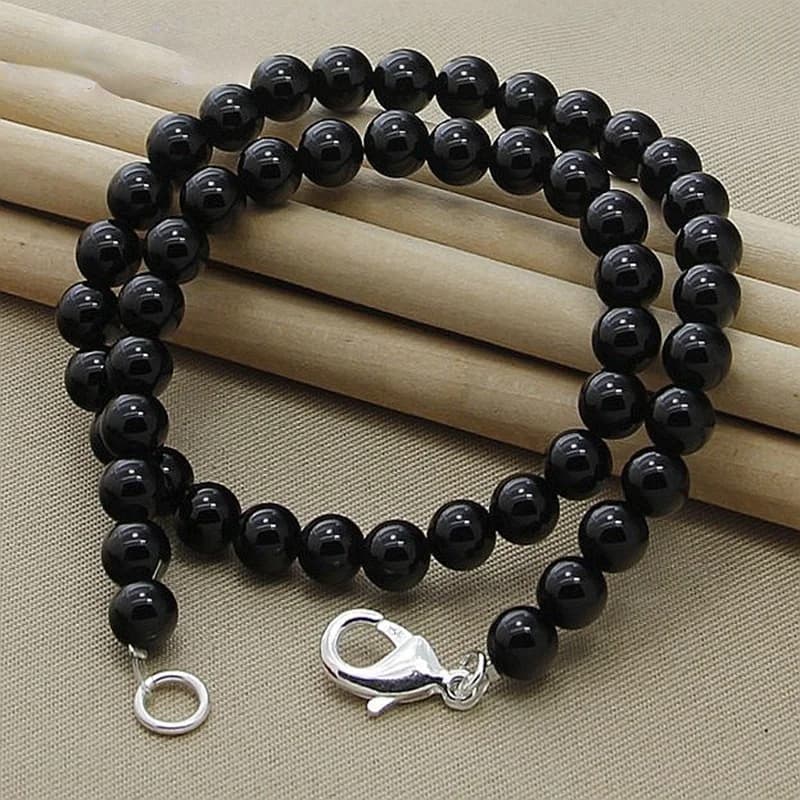 Collier unisexe en perles noires et agate avec fermoir mousqueton, longueur réglable 45 cm, pendenti