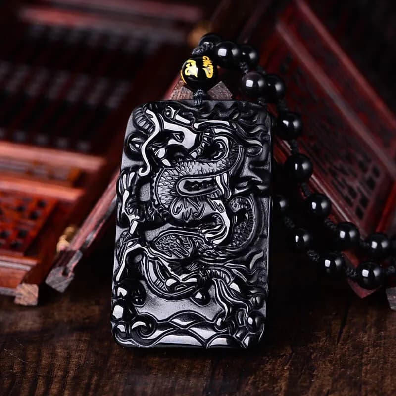 Collier Dragon Antique en obsidienne noire, amulette, pendentif Dragon, bijoux en cristal pour homme
