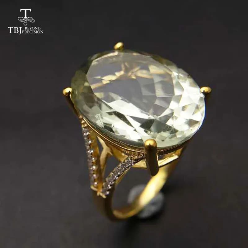 Bague en améthyste verte naturelle de grande taille, couleur or jaune, argent 925, bijoux pour fille