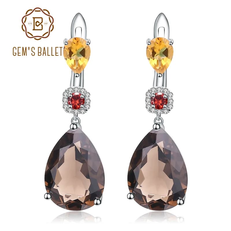 GEM'S BALLET MixGemstones naturel fumé Quartz Citrine grenat boucles d'oreilles 925 en argent Sterli