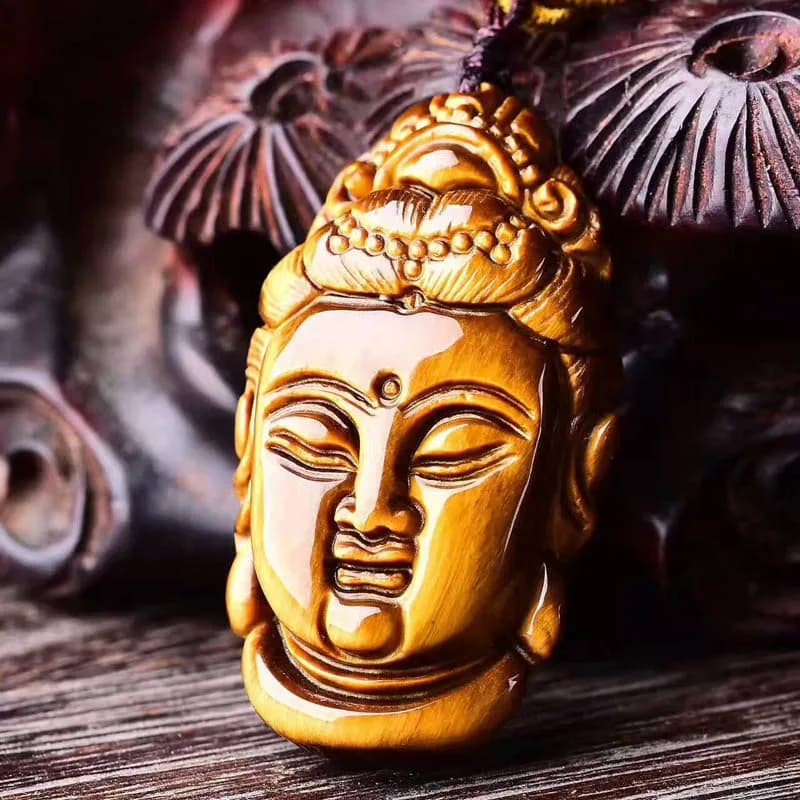 Pendentif œil de tigre sculpté à la main, collier bouddha Guan Yin avec chaîne, amulette porte-bonhe
