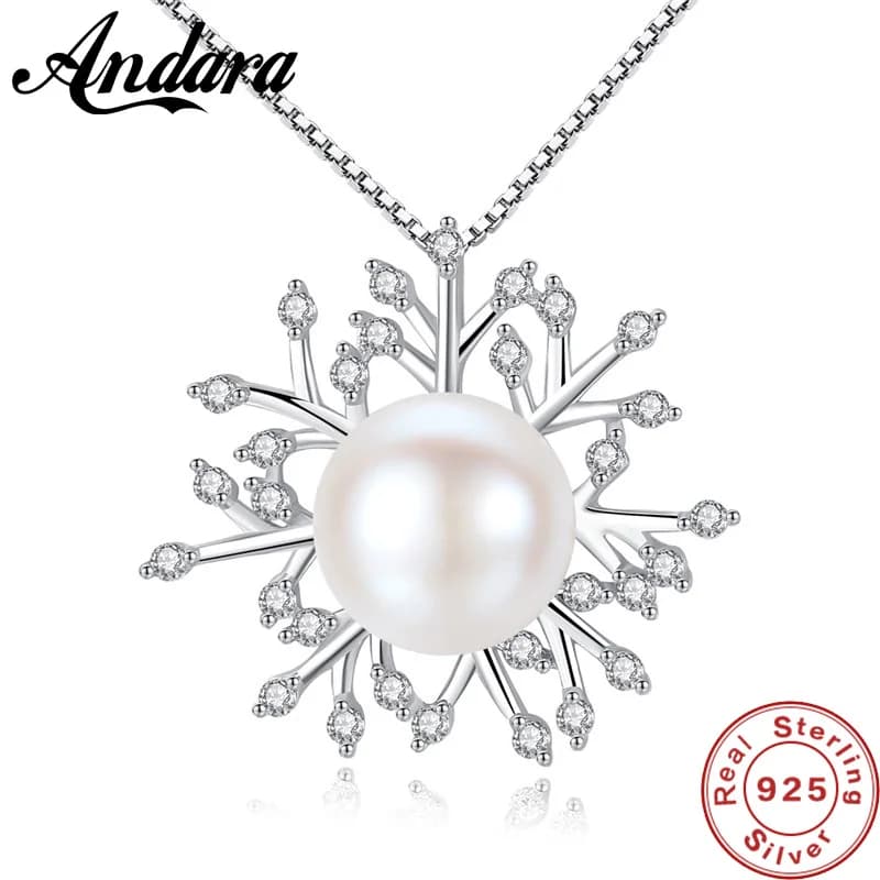 Collier flocon de neige en argent Sterling 925 et zircone transparente, pendentif en perle naturelle
