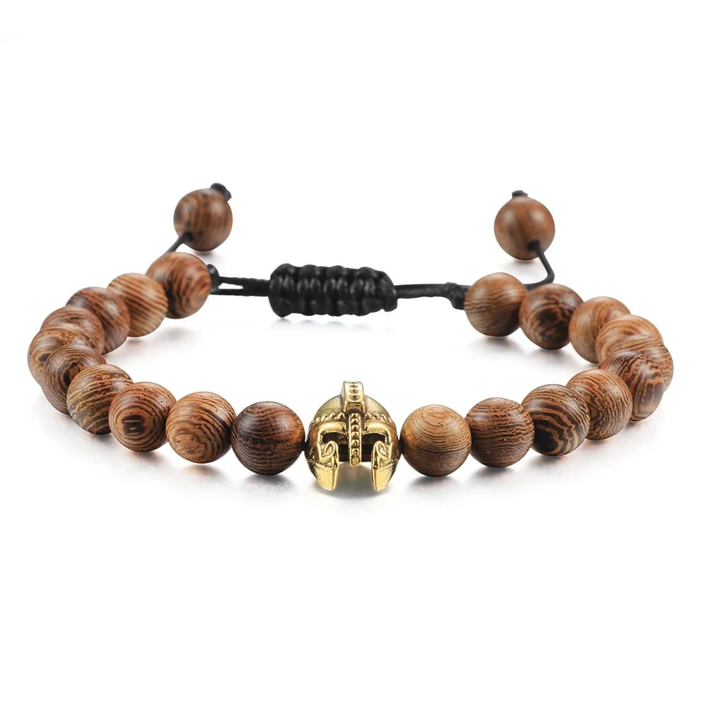 Bracelet à breloques pour hommes, casque spartiate, pierre naturelle, perles d'onyx, tressé à la mai