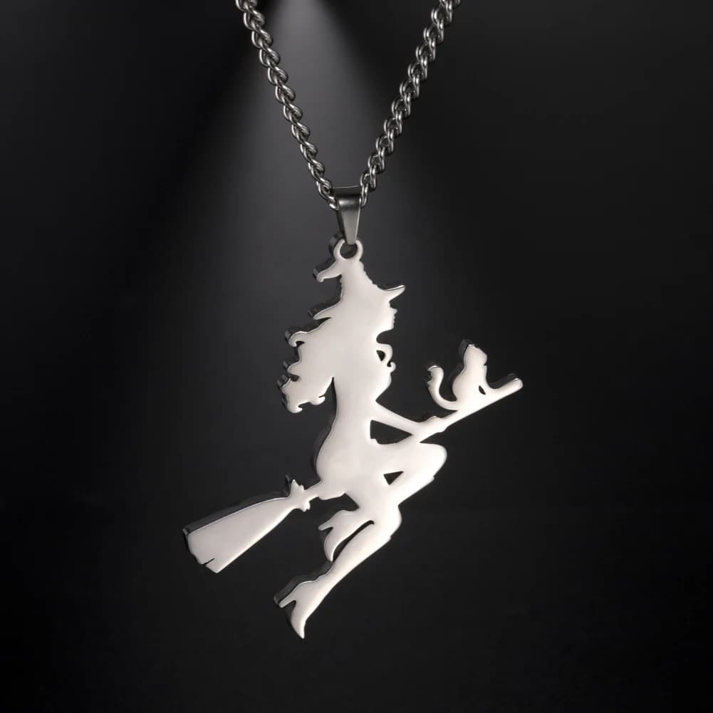 Collier pendentif balai magique volant chat sorcière pour femmes et hommes, colliers Wicca en acier 