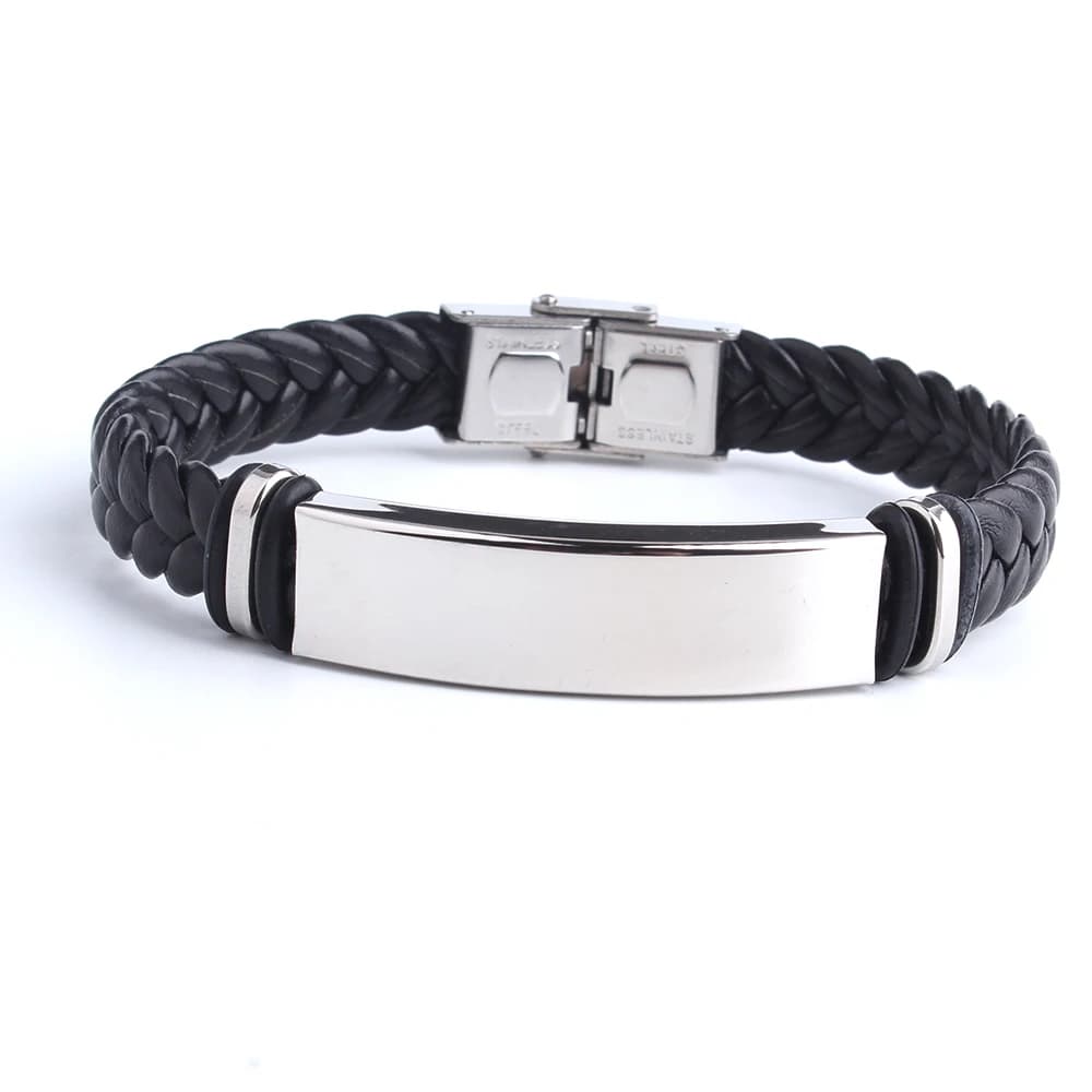 Logo personnalisé nom graver Bracelet en cuir couleur noire personnaliser Bracelets en acier inoxyda