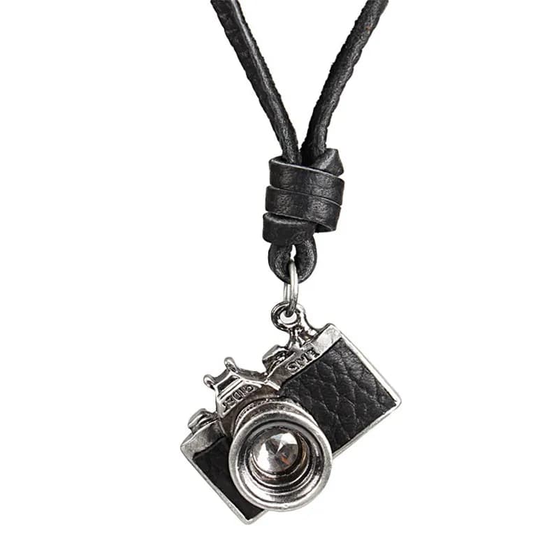 Collier Long Rétro pour Homme et Femme, Pendentif Appareil Photo Hip Hop, Réglable, Noir, Marron, Cu
