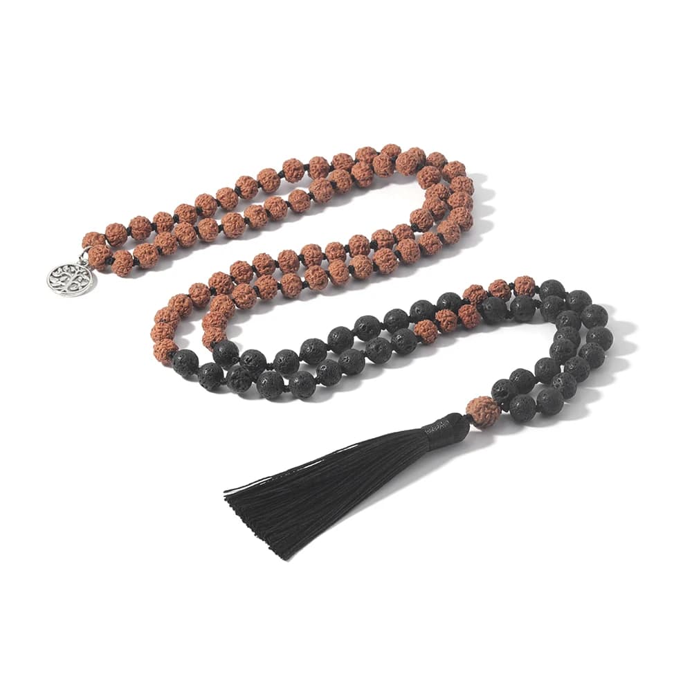 Collier Mala 108 perles nouées Rudraksha et pierre de lave noire, bijoux de méditation et de yoga Ja