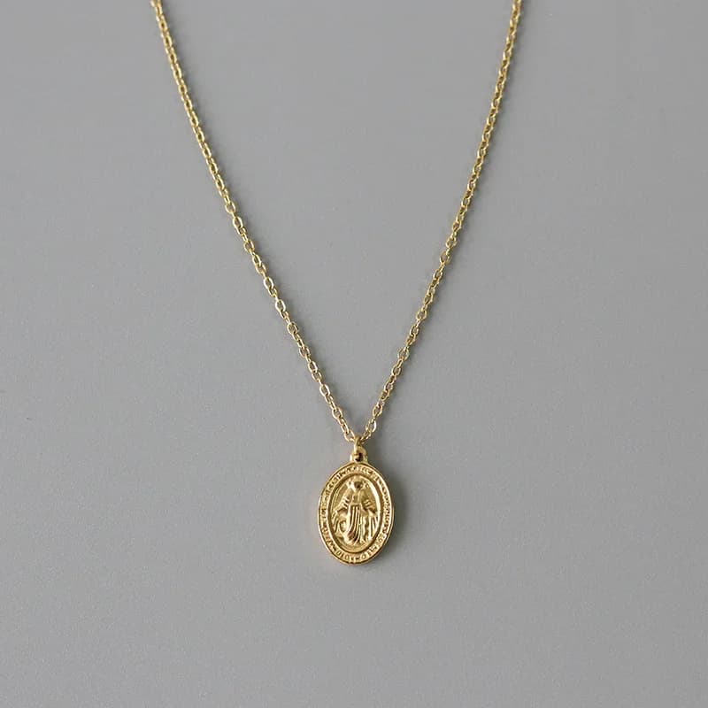 Amaiyllis 18k or vierge marie Double face ovale clavicule Collier pendentif fait à la main tour de c