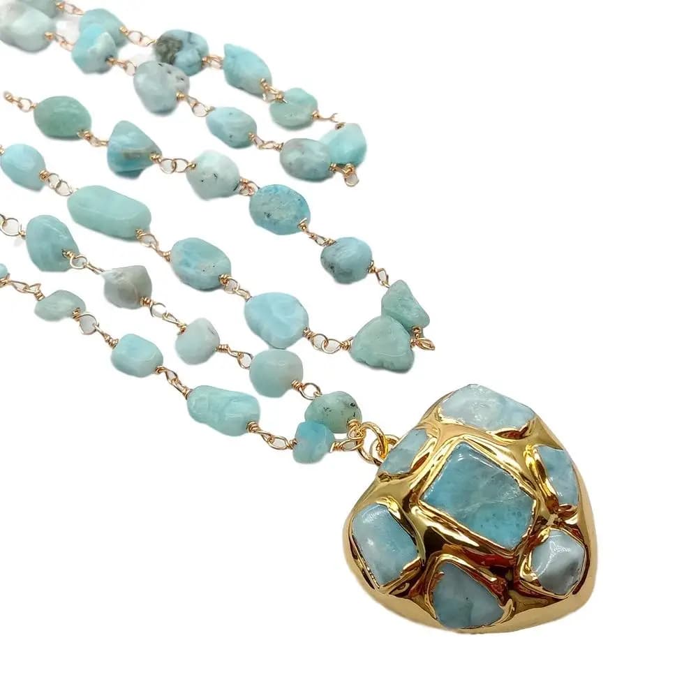 YYGEM 3 brins naturel bleu Larimar chapelet chaîne collier en forme de coeur Larimar pendentif décla