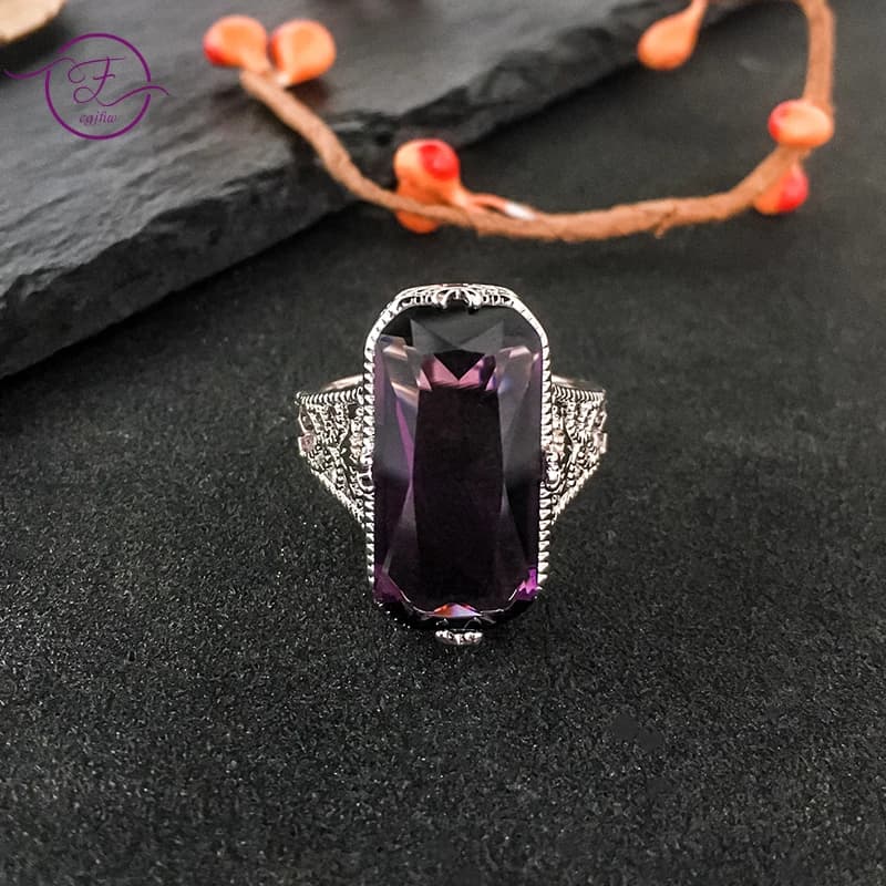 Bague en argent améthyste pour femmes, 10x20mm, carré, cristal creux, fleurs sculptées, mode exagéré
