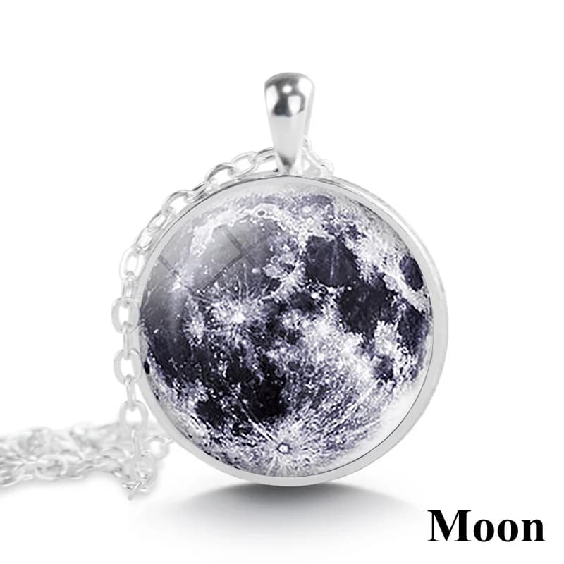 Collier pendentif planète système solaire, cabochon en verre de pleine lune, tiques, nébuleuse, bijo