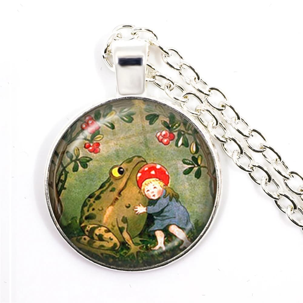 Collier pendentif grenouille fait à la main, classique, contes de fées, bijoux dôme en verre, le roi