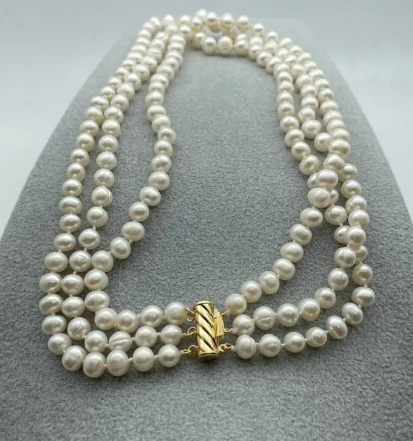 Collier de perles blanches d'eau douce naturelles à 3 rangées de 7 à 8 mm, 17-19 pouces
