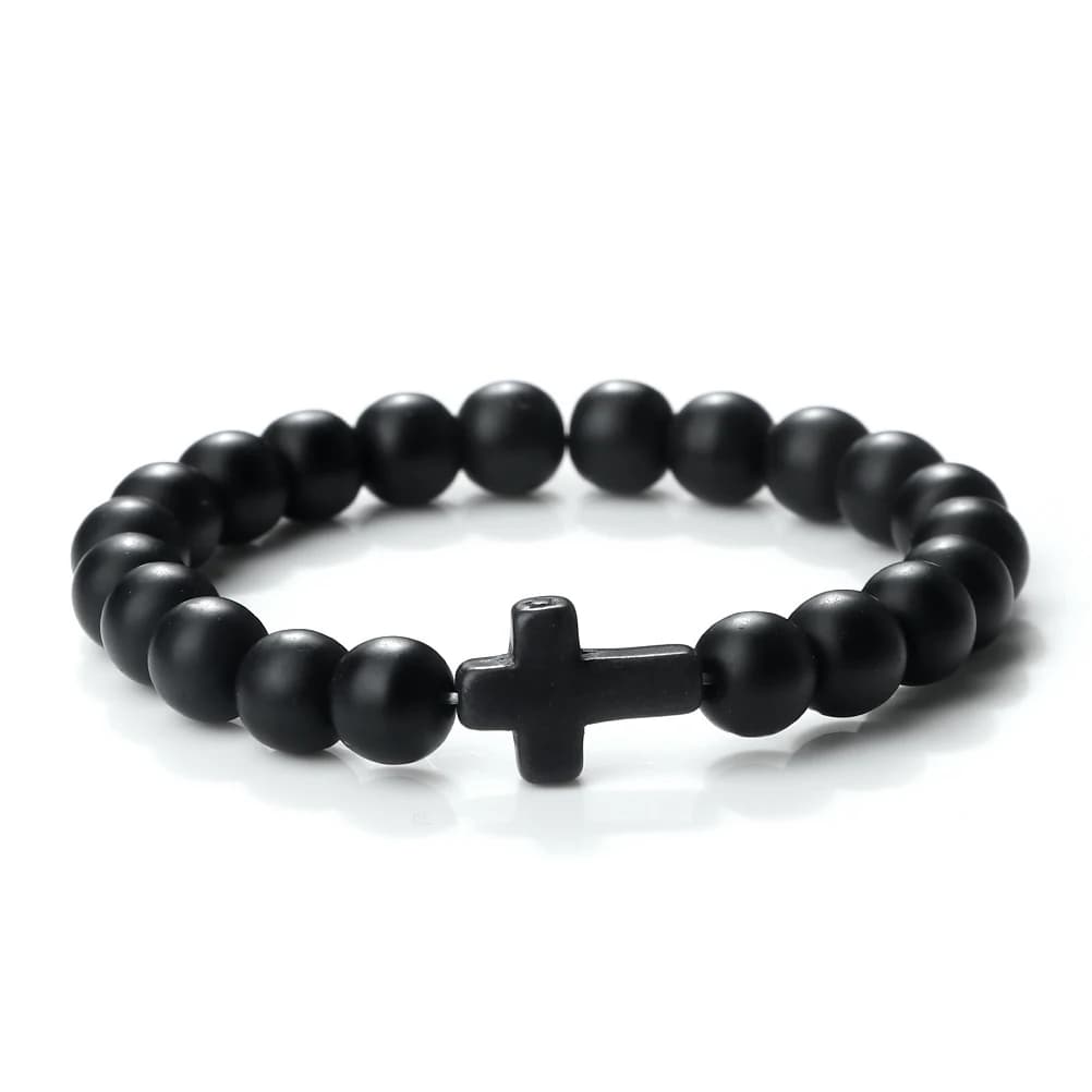 Bracelet croix de jésus pour hommes et femmes, pierre naturelle, lave noire, Turquoises, perles d'on
